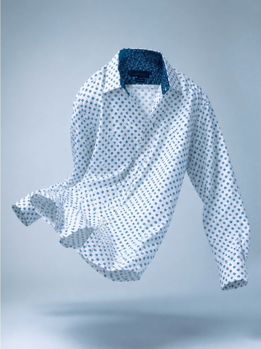 Modern People Men's White Button-Down Shirt with Blue Micro Print